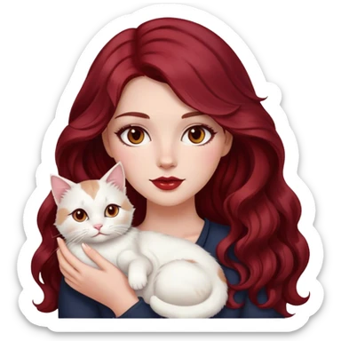a white girl with soft makeup dark red cherry long wavy hair brown eyes hold a white cat sticker