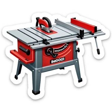 A table saw emoji with a dark wooden table and a red blade sticker