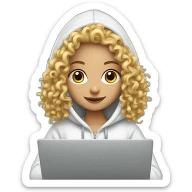 a white tenage curly girl wearing a hoodie working on a laptop sticker