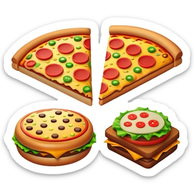 Clash of Clans aesthetic: Cinematic Playful Pixel 3D Food (Pizza, Burger, Apple) Portrait Emoji, rendered in a 3D vector-style similar to standard emojis with minimal shading and bold, simplified shapes. A compact, distinct form with signature details, softly glowing with a pixelated adventure charm. Simplified yet unmistakably iconic, highly detailed and consistent, glowing with a soft radiance and high shine. Stylized with a touch of classic pixel-art charm and a soft glowing outline, capturing the essence of a beloved gaming relic with a friendly, playful manner! sticker