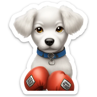 White puppy wearing boxing gloves with an Afro sticker