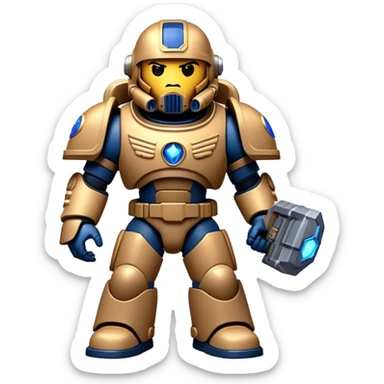 Clash of Clans aesthetic: Cinematic Playful Space Marine Hero Emoji, rendered in a 3D vector-style similar to standard emojis with minimal shading and bold, simplified shapes. A compact, heroic isometric figure clad in futuristic power armor with signature energy accents, softly glowing with a cosmic battle charm. Simplified yet unmistakably iconic, highly detailed and consistent, glowing with a soft radiant shine and high gloss. Stylized with a touch of interstellar valor and a soft glowing outline, capturing the essence of an elite space warrior with a friendly, playful manner! sticker