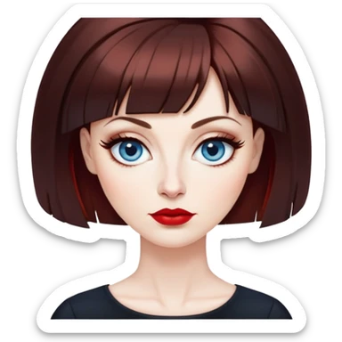 Artistic woman in her 40s with pale skin, oval face, large blue eyes with eyeliner, thin eyebrows, small nose, red lipstick, dark auburn hair with bangs, wearing a black top, mature creative expression sticker