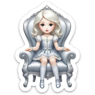 Cinematic and Ultra realistic 32k HD hauntingly beautiful porcelain doll sitting in a chair, Balanced features, highly detailed, glowing with silver light, high shine, remembrance, a painting of white silver, fanciful, enchanting. The image is so lifelike it could leap off the canvas at any moment sticker