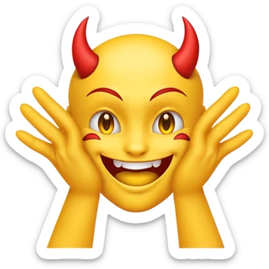 yellow emoji face with devil-like grin and hands rubbing together deviously sticker