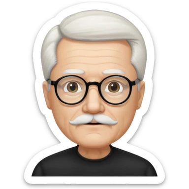 An elderly man with neatly combed white hair swept back and wears black rectangular glasses. His face is oval-shaped with  a small white beard.  sticker