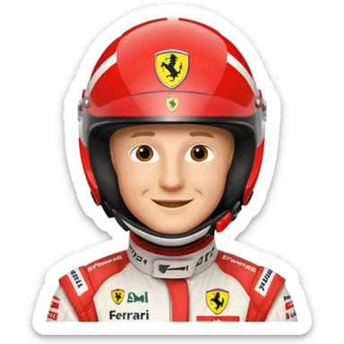 Close-up of Michael Schumacher wearing a Ferrari F1 2004 racing suit, smiling, helmet visible, red and white details, emoji style sticker