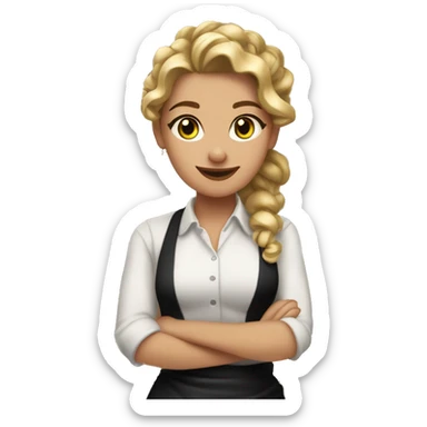 Waitress with white shirt and black apron, curly dirty-blonde hair in a pony tail, hazel eyes, LOTS of bohemian jewelry and bracelets  sticker