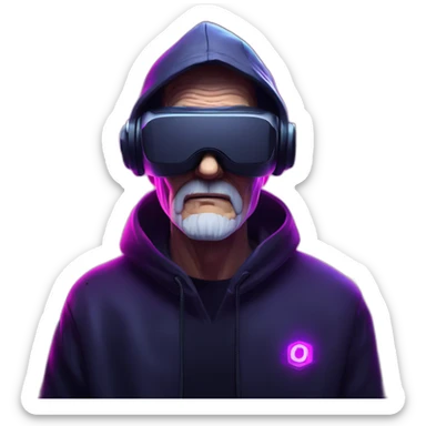 Russian old man wearing a black hoodie with "OMG" letters on it and VR headset in a cyberpunk VR environment with violet neon lighting. sticker