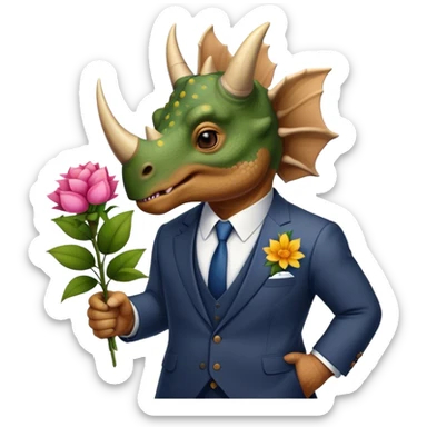 old triceratops in suit holding flowers sticker