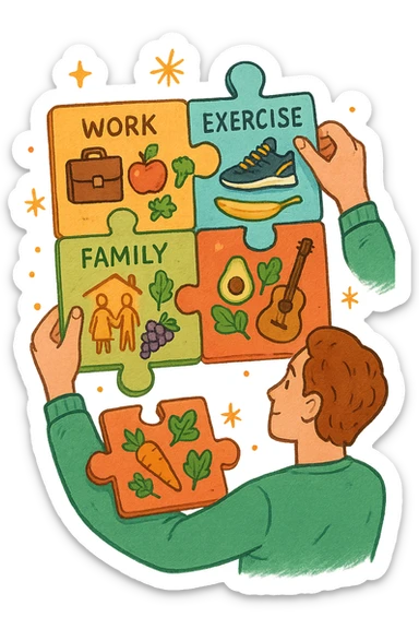 a person is surrounded by puzzle pieces, each representing a different aspect of their life (work, exercise, family, leisure), and healthy foods are integrated into each piece. The person assembles the puzzle, creating a complete, personalized nutrition plan. The mood is uplifting and creative. in italiano sticker