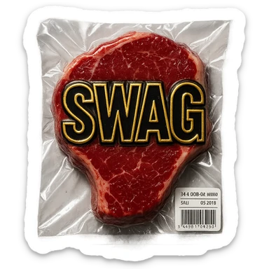 steak with gold outlined 'SWAG' letters, glossy sticker