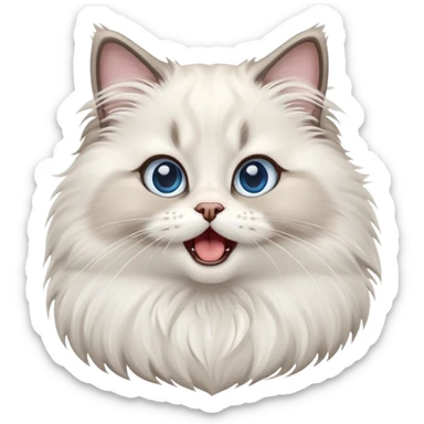 cinematic-adorable-big-eyed-fluffy-ragdoll-cat-portrait-emoji,-head-tilted-playfully-with-a-cute,-exaggerated-yawn,-white and grey fur,-simplified-yet-irresistibly-cute-features, blue eyes sticker