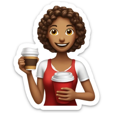 happy girl with coffee in a red cup in one hand and dessert in another  sticker