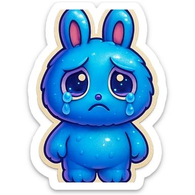 Change the blue bunny character's face to a sad, teary-eyed expression, maintaining the retro stickers style. Transparent background. sticker