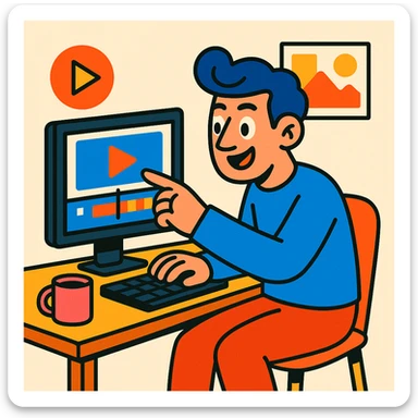 a man sitting at a table editing videos, vibrant toon style sticker