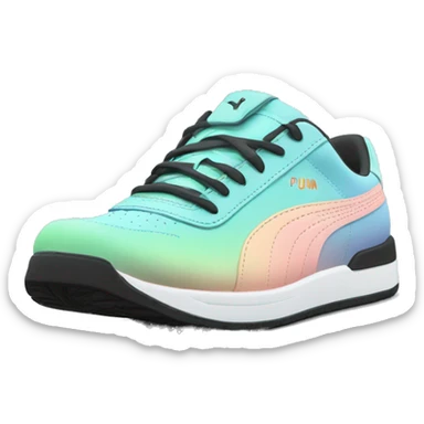 Realistic pair of pastel blue pastel green peach and black ombre Puma sneakers isolated.  sticker