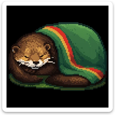 Make the image a pixel art style: Add a cozy blanket draped over the sleeping otter, keep pixel art style and colors sticker