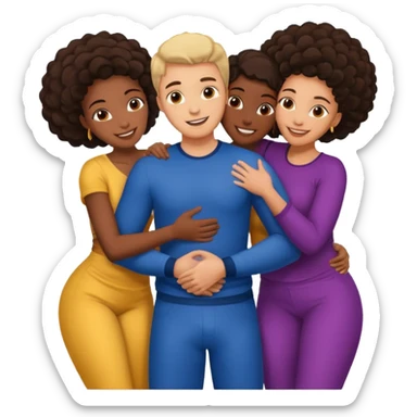 one american italian young man surrounded by three african women with large butts hugging him and each other and grabbing his crotch sticker