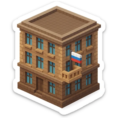 old Saint Petersburg building in voxel style, gray-brown tones, Russian flag on a small flagpole attached to a balcony, isometric view sticker