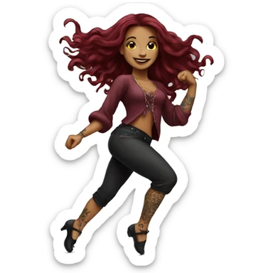 Beautiful tattooed burgundy long haired woman dancing sticker