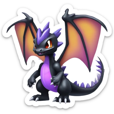 Black shiny chibi Mega-Charizard-X-Raptor-Fakémon with purple accents full body sticker