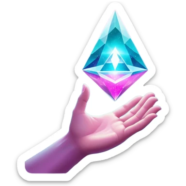 White pov hand emerging from stardust, holding a prism portal revealing floating products in a galaxy nebula, prism glows with cosmic magenta (#FF00FF) and celestial teal (#00CED1), starry depth-of-field, mystical luxury vibe sticker