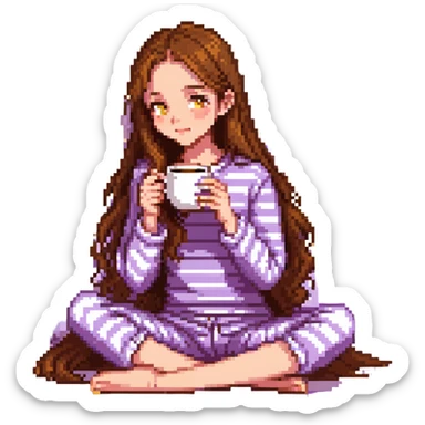 girl with long brown hair sipping coffee in purple striped pajamas sticker