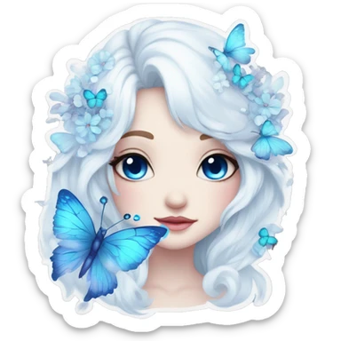 Edgy Cute Cool Kawaii gorgeous sparkly ethereal white fantasy animal with blue eyes sona with flowers and butterflies sticker