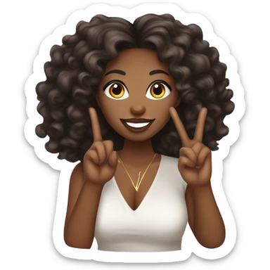 A thick African American woman with long lashes, lip gloss, long nails, and curly long hair, holding up a peace sign sticker