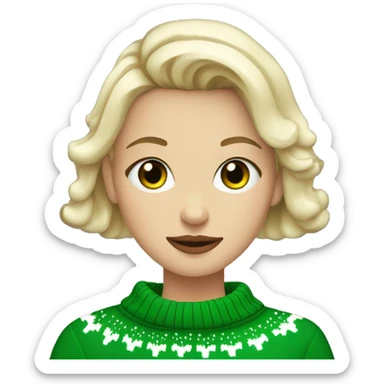 Short haired blonde girl with green eyes drinking coffee wearing Christmas sweater sticker