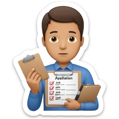 Man looking sad while holding a clipboard with a checklist that has a heading that says job application  sticker
