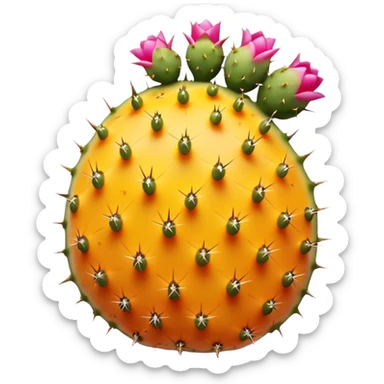 one whole prickly pear fruit with slightly oval shape, smooth skin dotted with tiny subtle spines, skin color vibrant pink to yellow-orange, halved version reveals vivid magenta or golden pulp speckled with small seeds, no cactus pads, knife, or extras, soft lighting, subtle shadows, emoji scale sticker