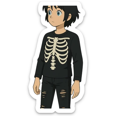 ghibli style black-haired, blue-eyed person wearing a black skeleton top and ripped black jeans sticker
