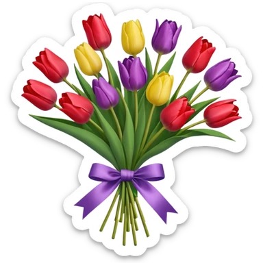 a bouquet of tulips tied with a ribbon sticker