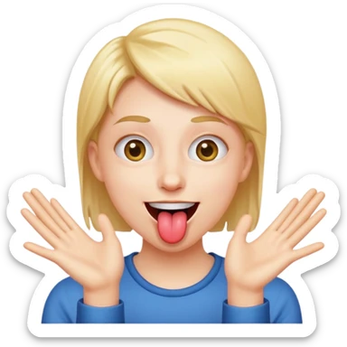 pessoa fazendo careta, com sorriso divertido, língua pra fora e mãos abertas próximas ao rosto sticker