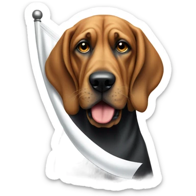 Bloodhound dog holding a white flag in its mouth. sticker