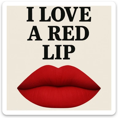 Replace the text with 'I love A Red Lip' while keeping the bold matte red lips and closed mouth style. Preserve the original font and layout. sticker