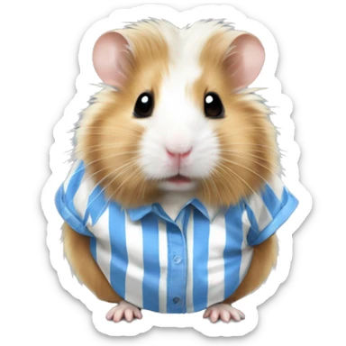Blonde long haired Syrian hamster with a white and blue striped dirty shirt sticker