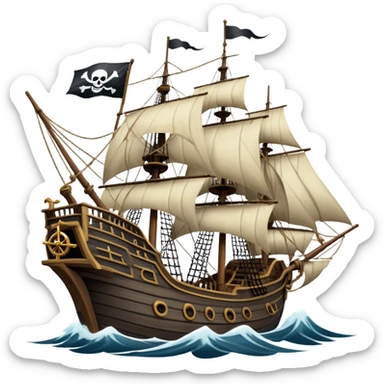 An icon representing an adventure game, inspired by high-seas exploration. The design features a fearless pirate gripping the wheel of a grand sailing ship, its tattered Jolly Roger flag billowing as it cuts through stormy waters. The scene evokes danger, treasure, and the thrill of the open sea. Transparent background. sticker