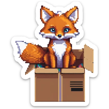 Playful fox sitting in a cardboard box, kids toy aesthetic, pixel art style sticker