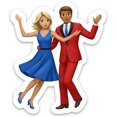 Two people. Man wearing all  RED with brown hair. Women  ALL blue with blond hair. Swing Dancing.  sticker