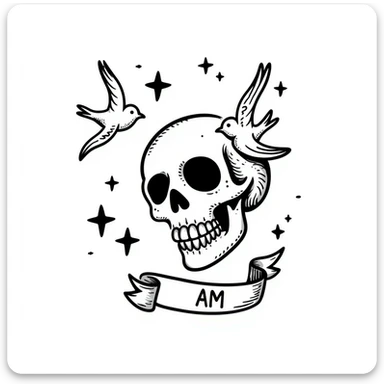 Old school Americana tattoo skull with nautical stars and swallows sticker