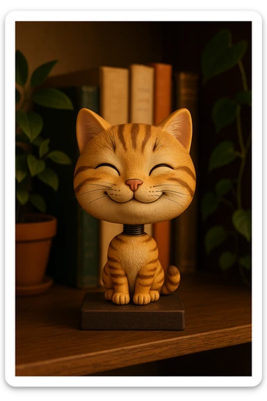 a smiling cat bobblehead, cartoonish, large head, small body sticker