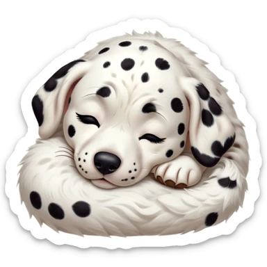 Meme-Worthy Cute Sleeping Spotted Dalmatian Portrait Emoji, Head resting peacefully with a contented smile, showcasing a delightfully majestic build and a luxuriously soft Fur of predominantly white with bold black patches, eyes shut in a serene nap, Simplified yet hilariously adorable features, highly detailed, glowing with a soft, drowsy light, high shine, relaxed and utterly lovable, stylized with an air of playful laziness, bright and heartwarming, soft glowing outline, capturing the essence of a comically sleepy guardian, so meme-worthy it feels like it could instantly become the next viral sensation of adorable slumber! sticker