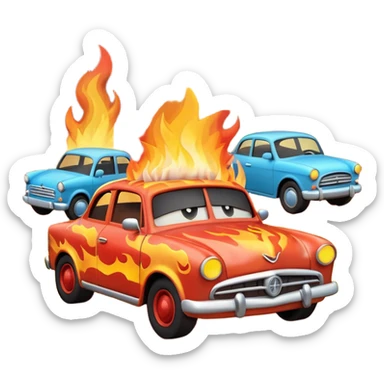 A 3D cartoon scene of cars on fire with smoke rising, chaotic atmosphere, realistic lighting, Memoji-style. sticker