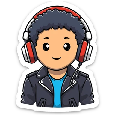curly haired boy wearing a leather jacket and headphones music producer sticker