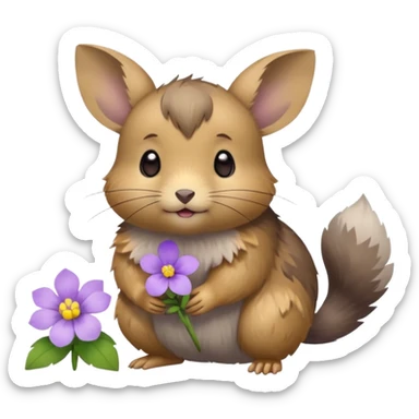 small round pika on all fours, turned at an angle, with a little light purple flower in its mouth sticker