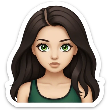 Woman with long dark brown hair, dark green eyes, big lashes, black croptop sticker