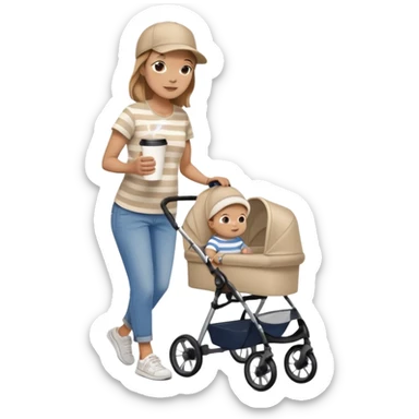 A mom with a brown stroller, a coffee cup attached to it. Inside, a 6-month-old baby boy with light brown hair and blue eyes. The mom is wearing a beige T-shirt and a matching beige cap. The baby is dressed in white sneakers, a white and blue striped T-shirt, and jeans sticker
